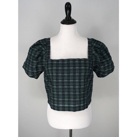 New Madewell Hopewell Puff Sleeve Green Square Neck Crop Top Shirt Size Large - Picture 5 of 10